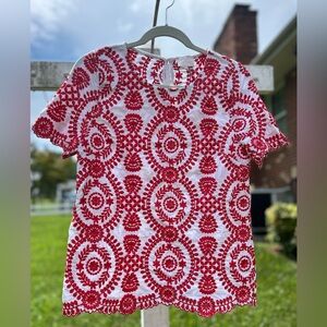 Entro Red and White Floral Eyelet Blouse Size Medium